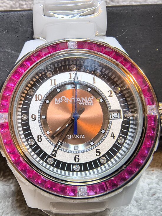 Montana Silversmiths Watch Purple Crystal Ring Dial Date White Band New Bat Mint main image 7